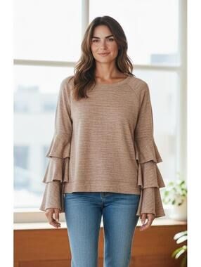 Small Women's heather pink sweater tiered fluted bell sleeves; fairycore